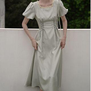 Puff-sleeve Square-neck Lace-up Midi A-line Dress