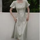 Puff-sleeve Square-neck Lace-up Midi A-line Dress