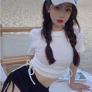 Round-neck Plain Drawstring Cropped Top