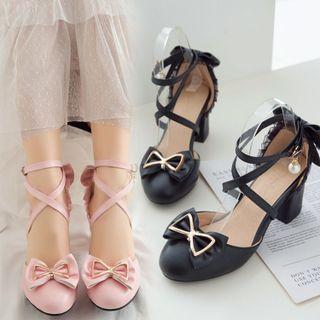Bow Strappy Block-heel Pumps