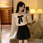 Long-sleeve Sailor Collar Bow Lace Blouse / Pleated Mini A-line Skirt