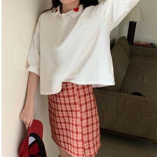 Elbow-sleeve Heart Embroidered Polo Shirt / Plaid Mini A-line Skirt