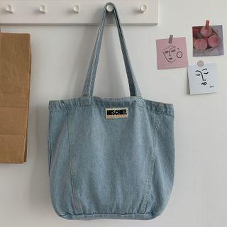 Lettering Denim Tote Bag Blue - One Size