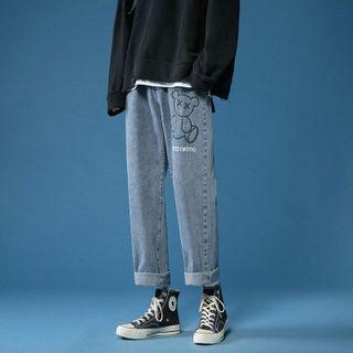 Bear Print Cropped Straight Leg Jeans