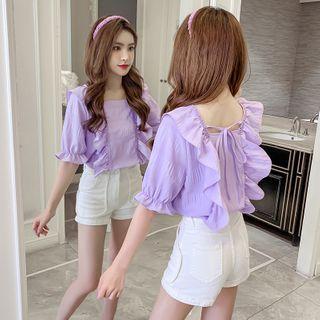 Short-sleeve Ruffle Trim Tie-back Plain Blouse