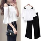 Set: Cold Shoulder Bell-sleeve Top + Wide Leg Cropped Pants