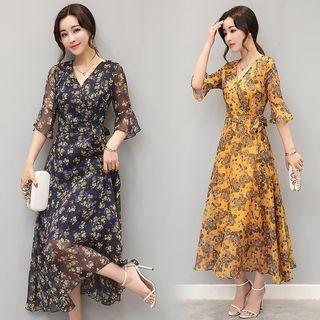 Printed Elbow-sleeve A-line Midi Dress