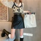 A-line Faux Leather Slit Mini Skirt