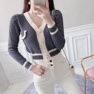 Contrast-trim Faux-pearl Cropped Cardigan