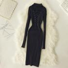 Lace-up Front Long-sleeve Midi Knit Dress
