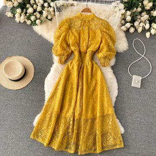 Stand-collar Lace Puff Short-sleeve Dress