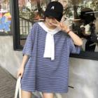 3/4-sleeve Paneled Striped T-shirt