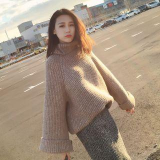 Set: Turtleneck Ribbed Sweater + Midi Knit Skirt