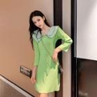 3/4-sleeve Collared A-line Knit Dress