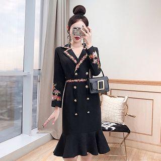 Embroidered Notch Lapel Ruffle Hem Mini Sheath Dress