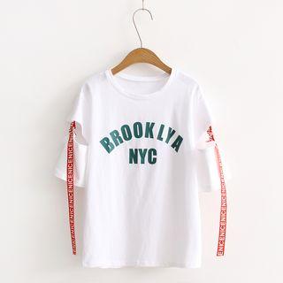 Elbow-sleeve Cut-out Lettering Strap T-shirt