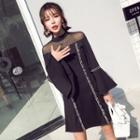 Bell-sleeve Tulle-yoke Contrast-stripe A-line Dress