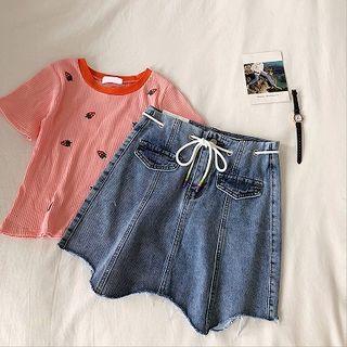 Lace-up Frayed High-waist Denim A-line Skirt