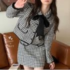 Bow-neck Houndstooth Cropped Jacket / Mini A-line Skirt