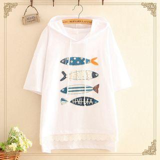 Lace-hem Fish Print Short-sleeve Hooded Top