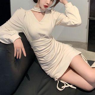 Puff-sleeve Drawstring Keyhole Sheath Dress