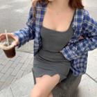 Plaid Shirt / Sleeveless Bodycon Dress