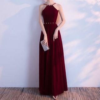 Rhinestone Sleeveless Velvet A-line Evening Gown