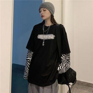 Mock Two-piece Long-sleeve Lettering Zebra Print T-shirt