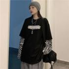 Mock Two-piece Long-sleeve Lettering Zebra Print T-shirt
