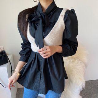 Bow-neck Blouse / Knit Cropped Camisole Top