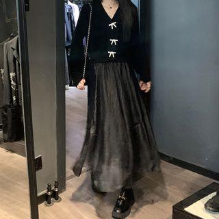 Bow-accent Cardigan / Midi A-line Skirt
