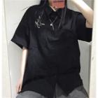 Butterfly Embroidered Elbow-sleeve Shirt Black - One Size