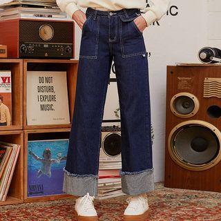 Letter Print Cuffed-hem Jeans