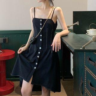 Spaghetti Strap Buttoned A-line Mini Dress Black - One Size