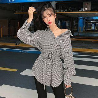 Houndstooth Lantern-sleeve Shirt