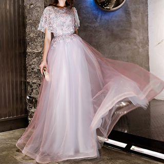 Mesh Panel Floral Embroidered Evening Gown