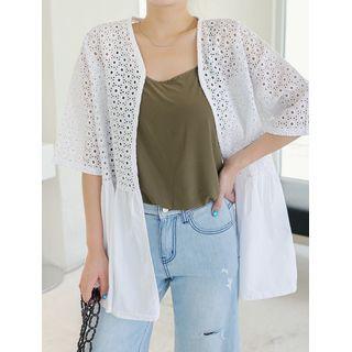Eyelet-lace Panel Frilled Cotton Cardigan
