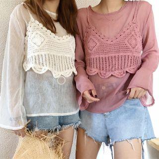 Set: Spaghetti Strap Lace Top + Long-sleeve Chiffon T-shirt