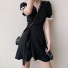Short-sleeve Lace Trim V-neck Tie-waist Dress
