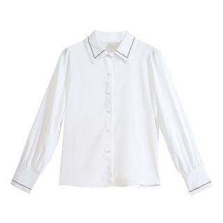 Long-sleeve Square-neck Contrast-line Plain Shirt