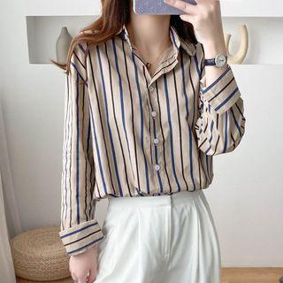 Long Sleeve Two-tone Striped Shirt Khaki - One Size