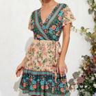 Floral Print V-neck Tie-waist Dress