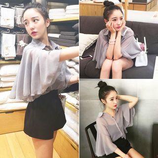 Set: Flared-sleeve Chiffon Blouse + Plain Camisole Top