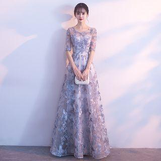 Short Sleeve Embroidered A-line Evening Gown