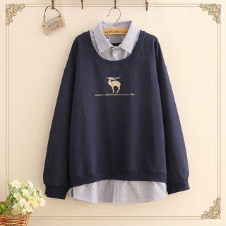 Inset-striped Shirt Deer Embroidered Sweatshirt