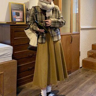 Plaid Jacket / Plain Midi A-line Skirt