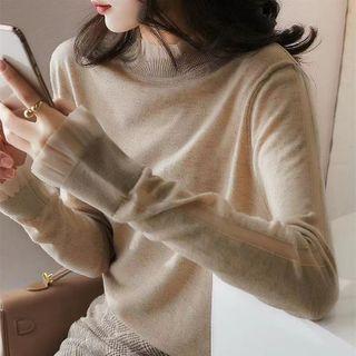 Long-sleeve Mock-neck Mesh Trim Knit Top