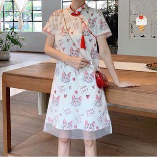 Short-sleeve Cat Print A-line Mesh Dress