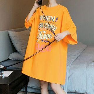 Lettering 3/4-sleeve Mini T-shirt Dress