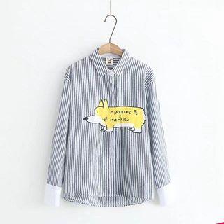 Single-breasted Long-sleeved Straight Striped Dog Printed Blouse